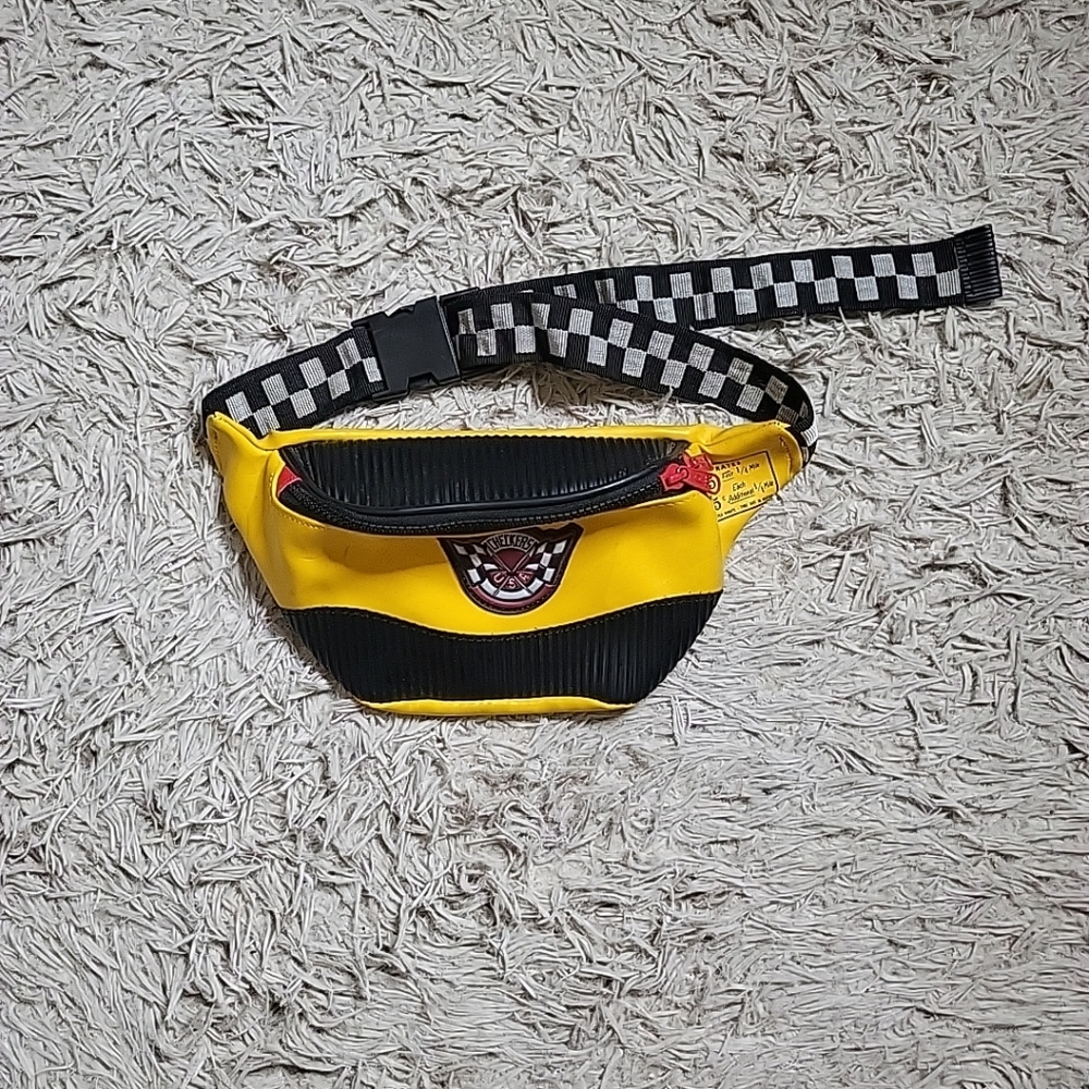 Vintage 80s Checkers USA Fannyback Bum Bag Yellow Black Checkered Strap Racing ✨